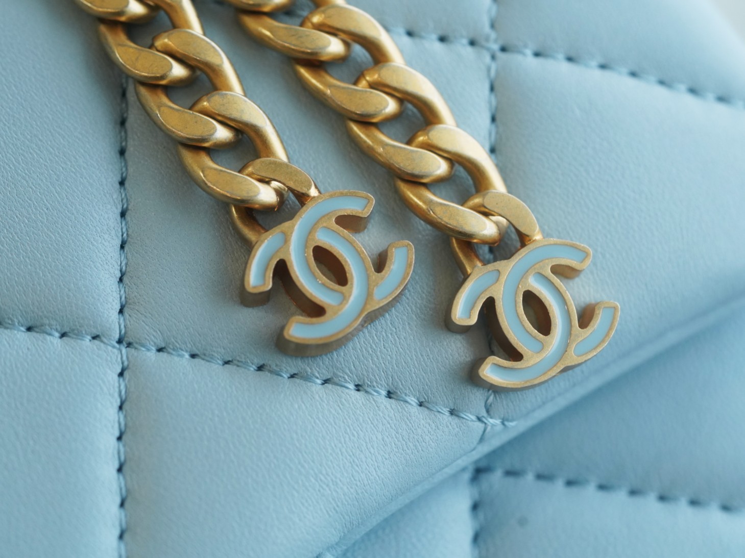 Chanel 22P Enamel Buckle Square Fatty Light Blue  