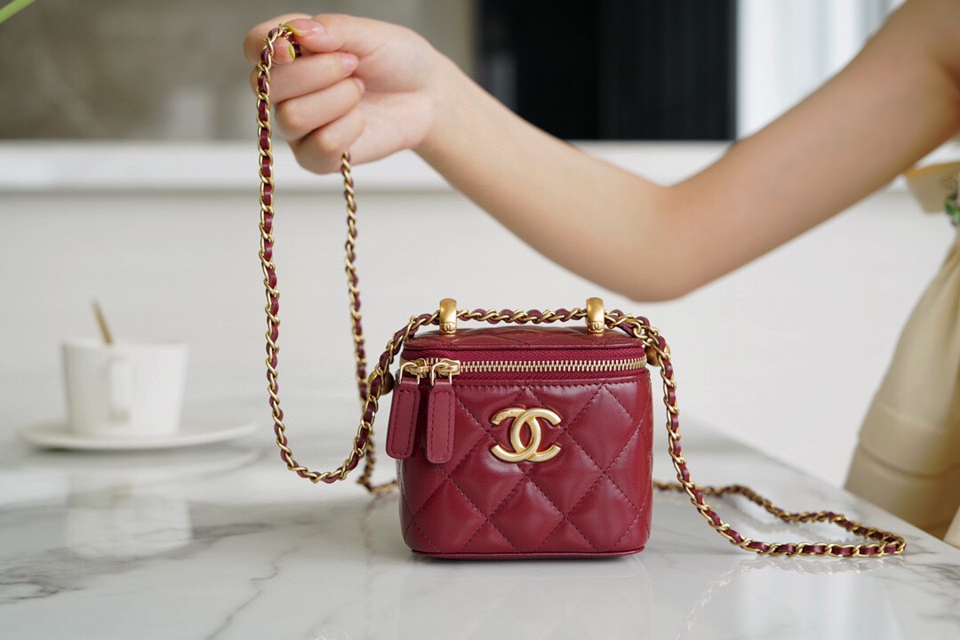 Double Gold Ball Mini Box Bag Burgundy Calfskin  