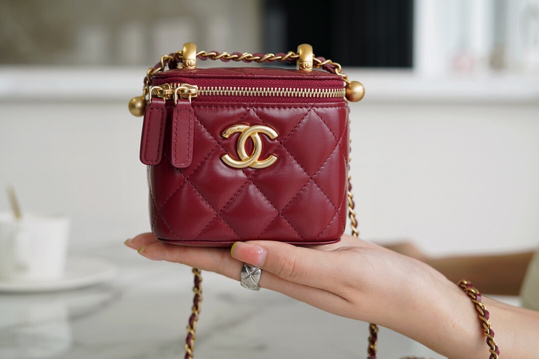 Double Gold Ball Mini Box Bag Burgundy Calfskin  