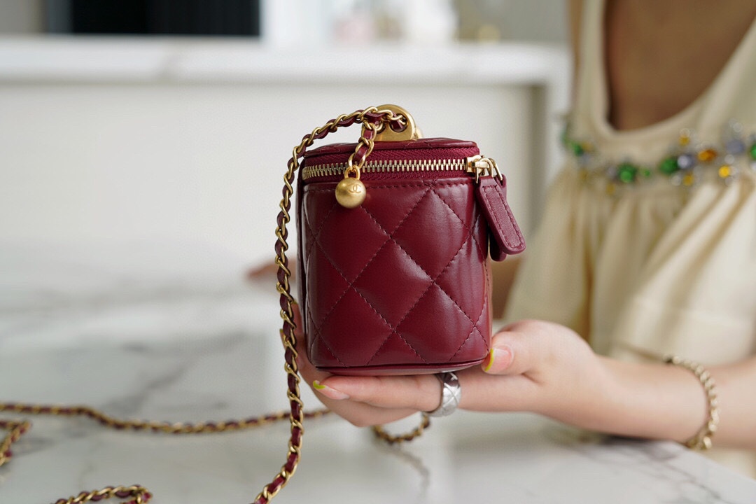 Double Gold Ball Mini Box Bag Burgundy Calfskin  