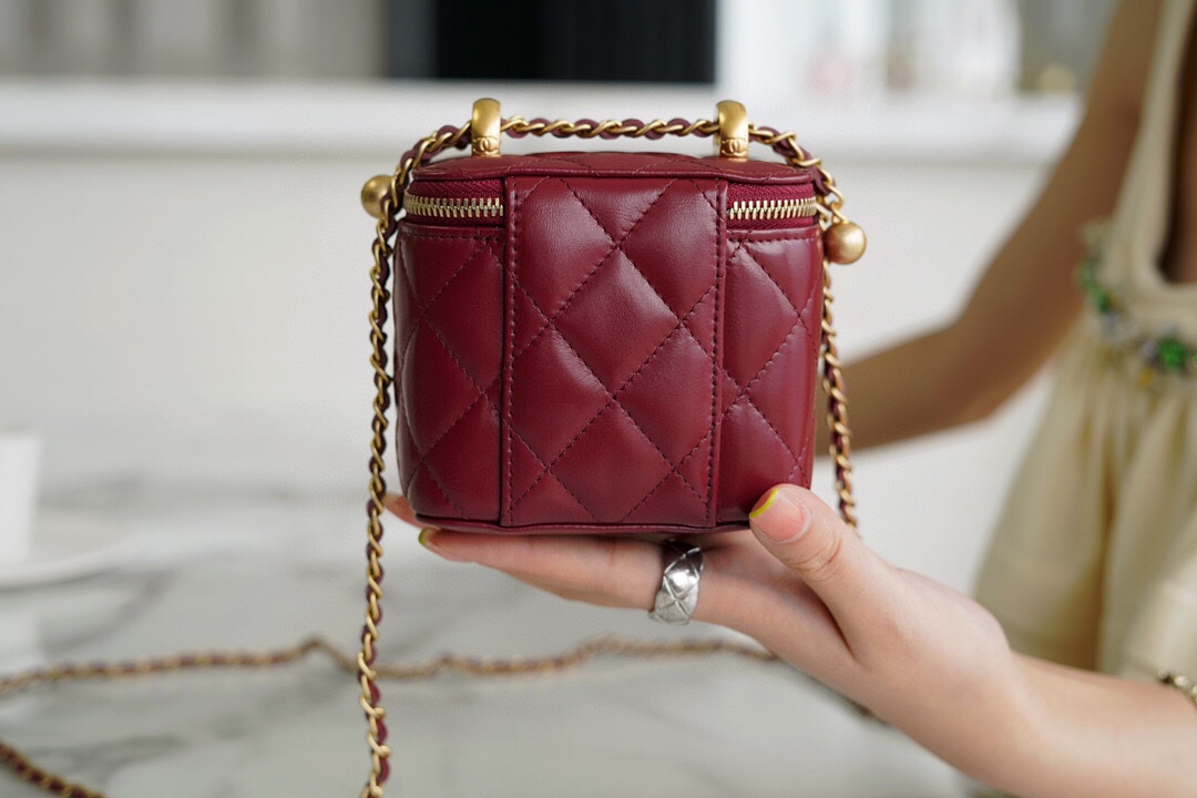 Double Gold Ball Mini Box Bag Burgundy Calfskin  