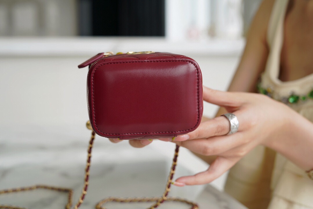 Double Gold Ball Mini Box Bag Burgundy Calfskin  