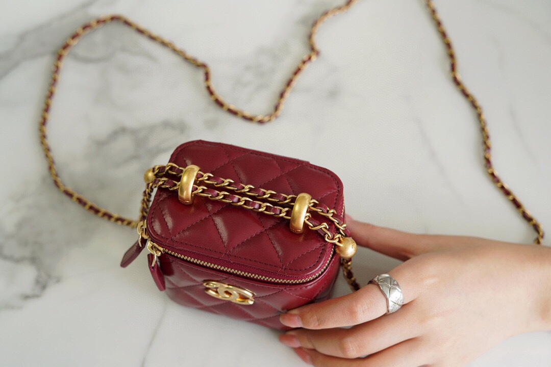 Double Gold Ball Mini Box Bag Burgundy Calfskin  