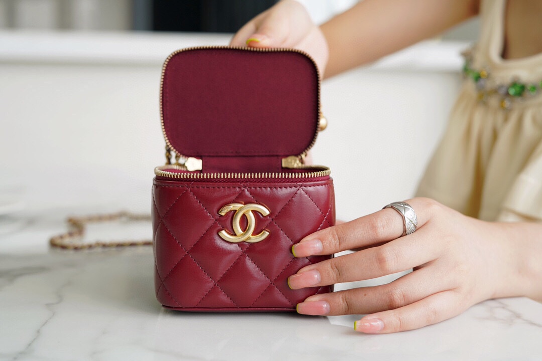 Double Gold Ball Mini Box Bag Burgundy Calfskin  