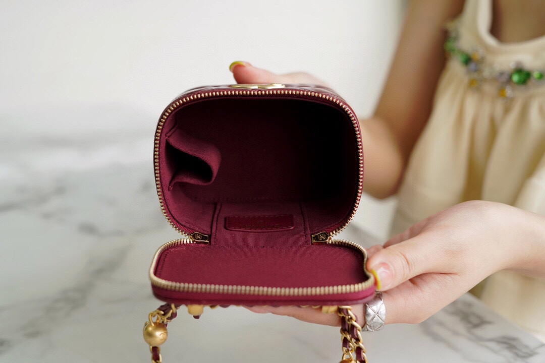 Double Gold Ball Mini Box Bag Burgundy Calfskin  