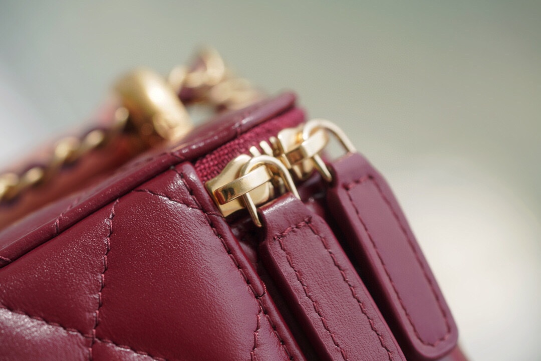 Double Gold Ball Mini Box Bag Burgundy Calfskin  