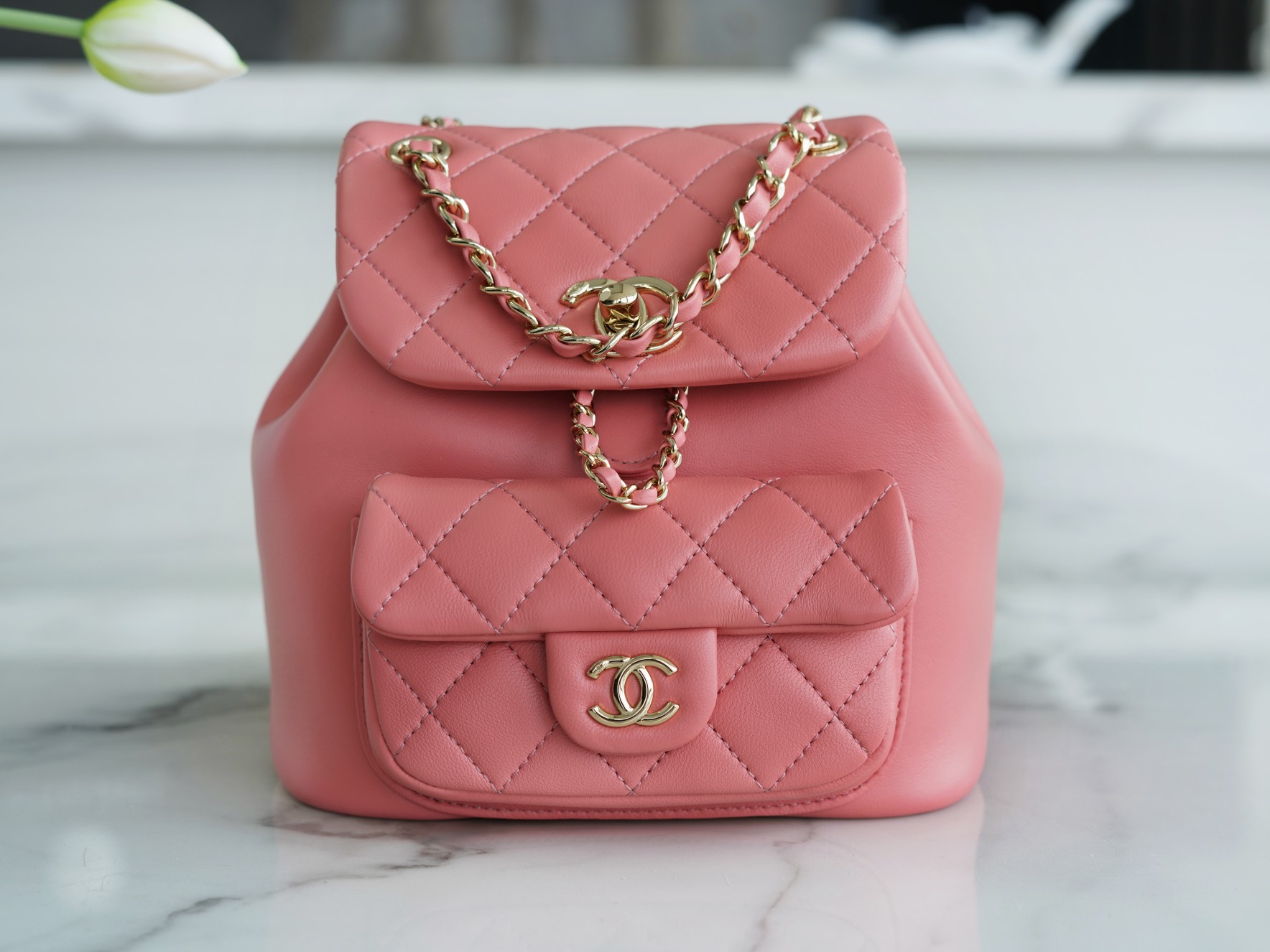 Chanel 22A Duma Backpack Lambskin Coral Pink  