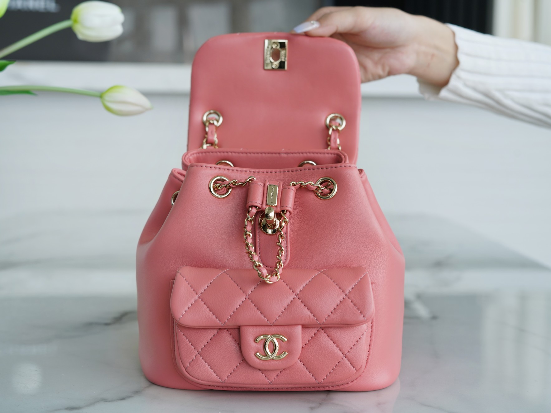 Chanel 22A Duma Backpack Lambskin Coral Pink  