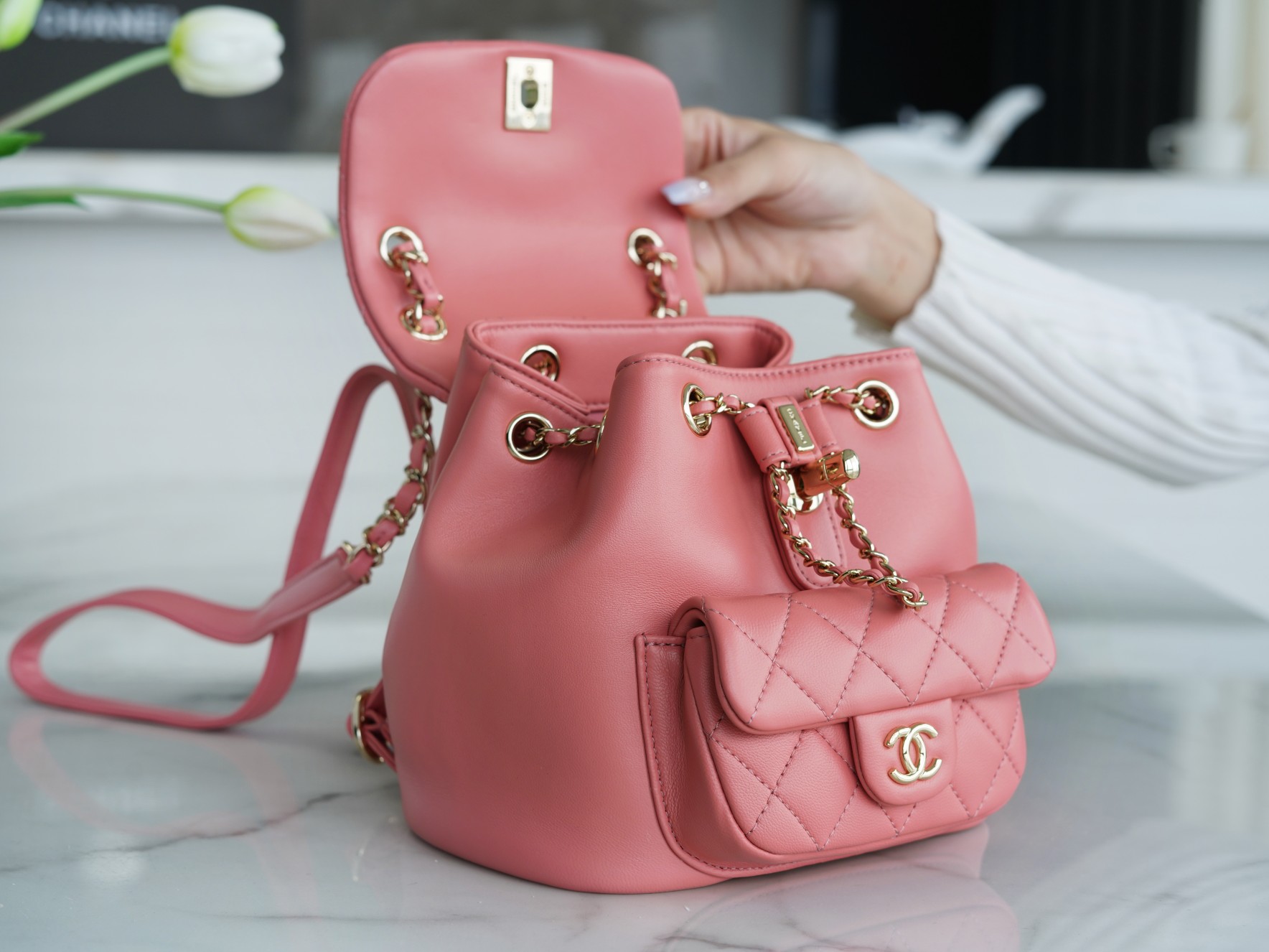 Chanel 22A Duma Backpack Lambskin Coral Pink  