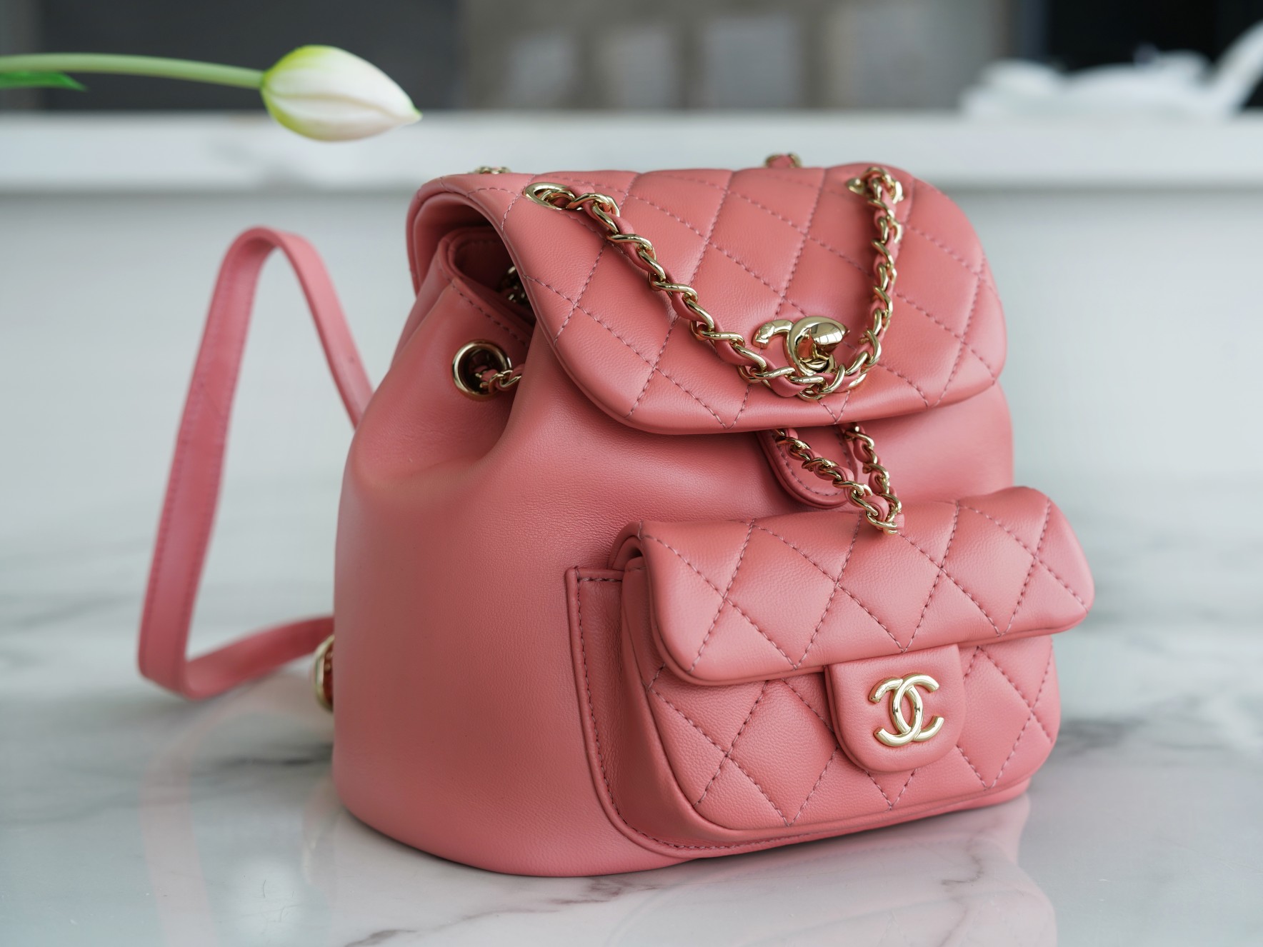 Chanel 22A Duma Backpack Lambskin Coral Pink  