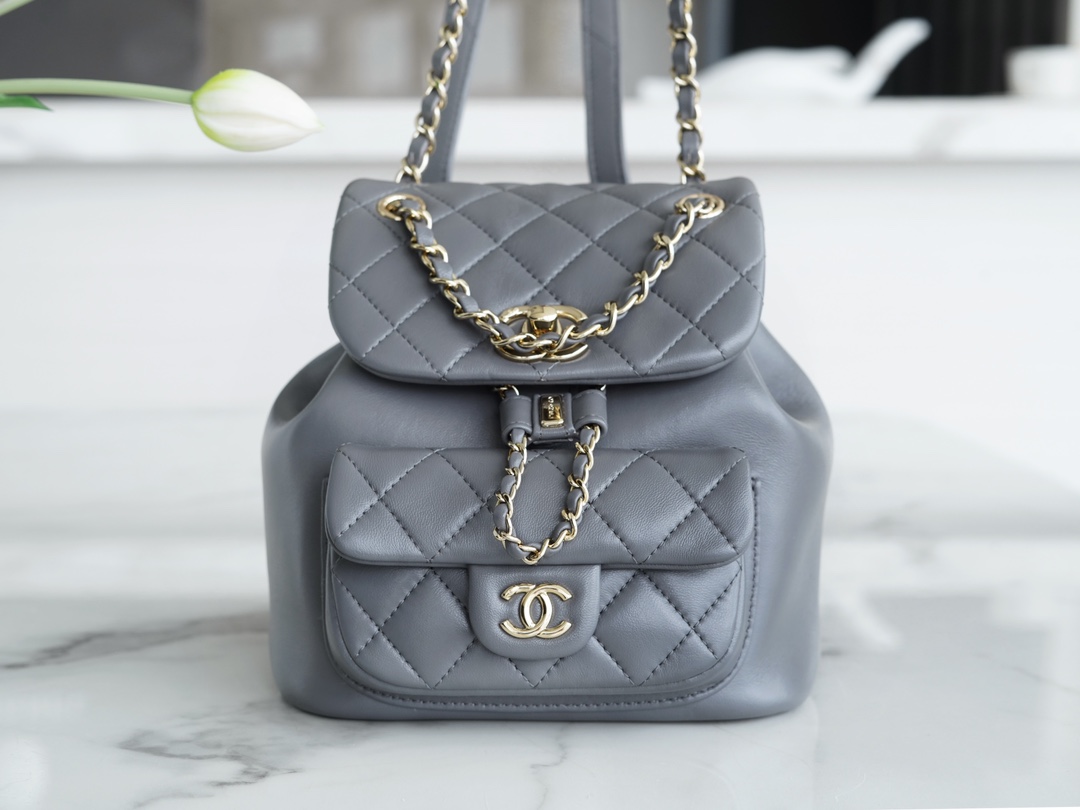 Chanel 22A Duma Backpack Lambskin Elephant Grey  