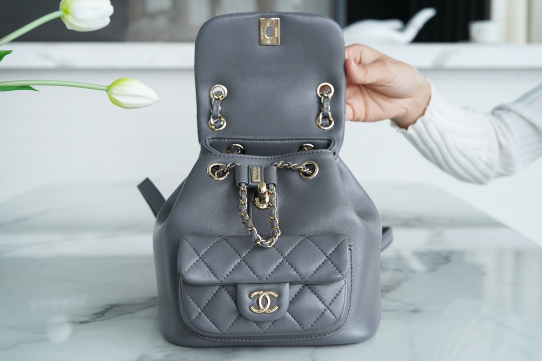 Chanel 22A Duma Backpack Lambskin Elephant Grey  