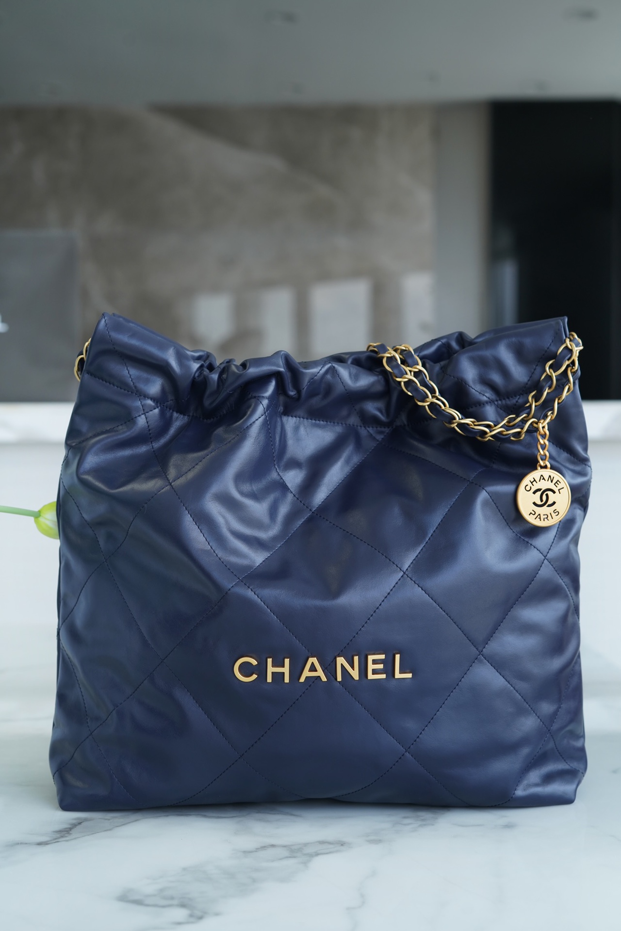 Chanel 22P Handbag Deep Blue Gold Medium Glossy Calfskin  