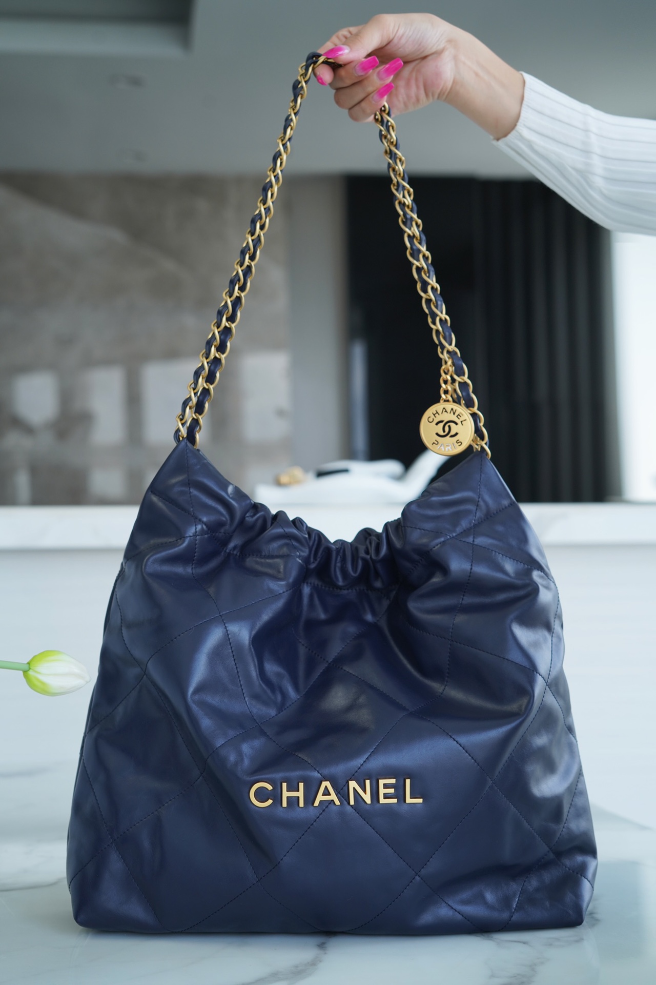 Chanel 22P Handbag Deep Blue Gold Medium Glossy Calfskin  