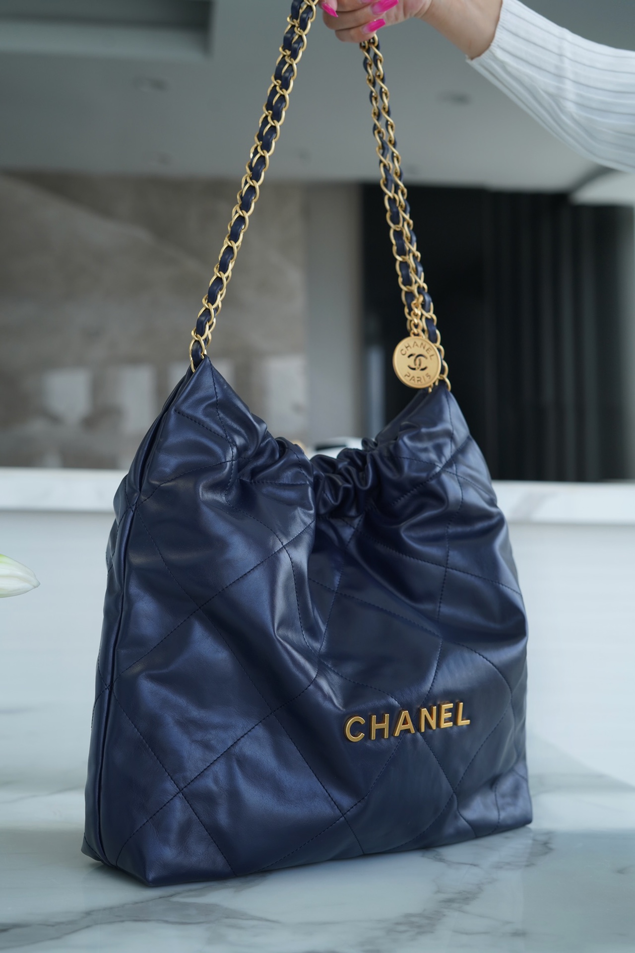 Chanel 22P Handbag Deep Blue Gold Medium Glossy Calfskin  