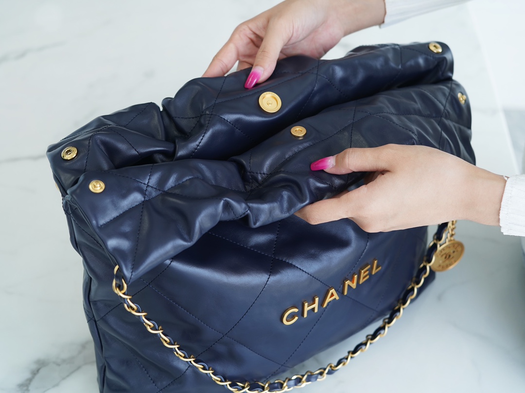 Chanel 22P Handbag Deep Blue Gold Medium Glossy Calfskin  