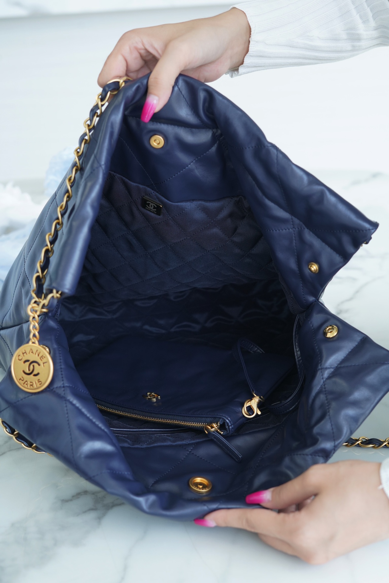 Chanel 22P Handbag Deep Blue Gold Medium Glossy Calfskin  