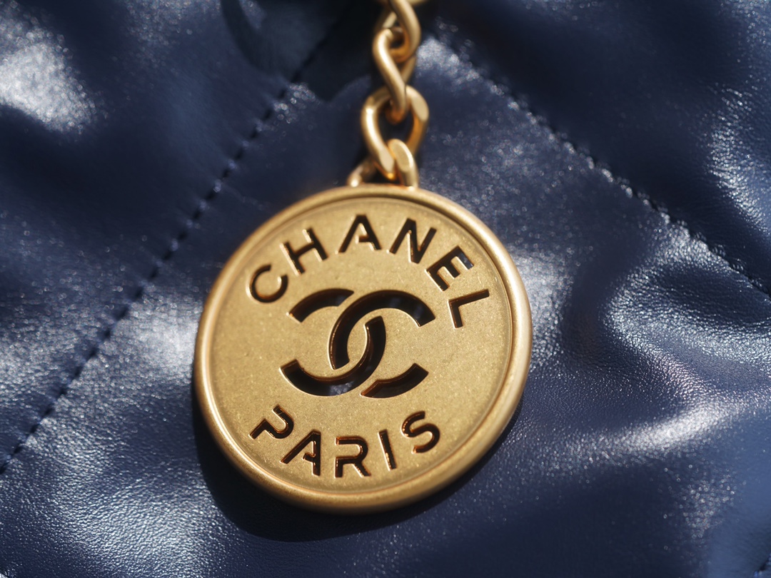 Chanel 22P Handbag Deep Blue Gold Medium Glossy Calfskin  