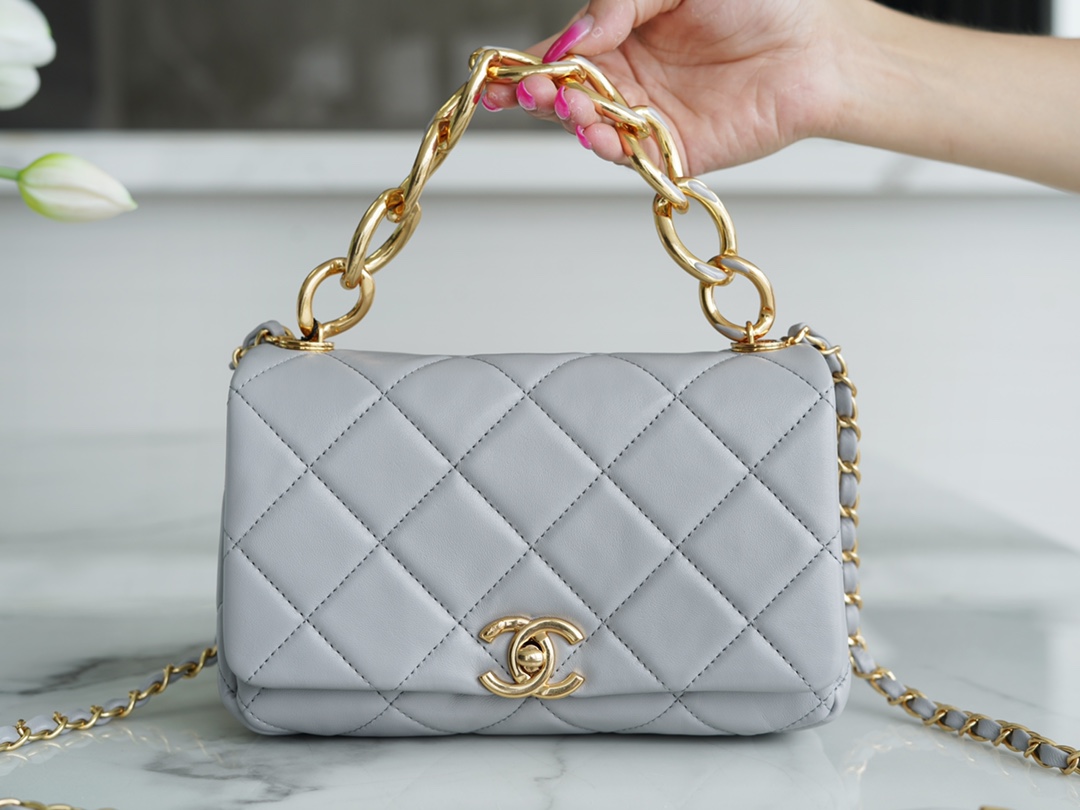 Chanel 22A Chunky Chain Flap Bag Grey Lambskin  