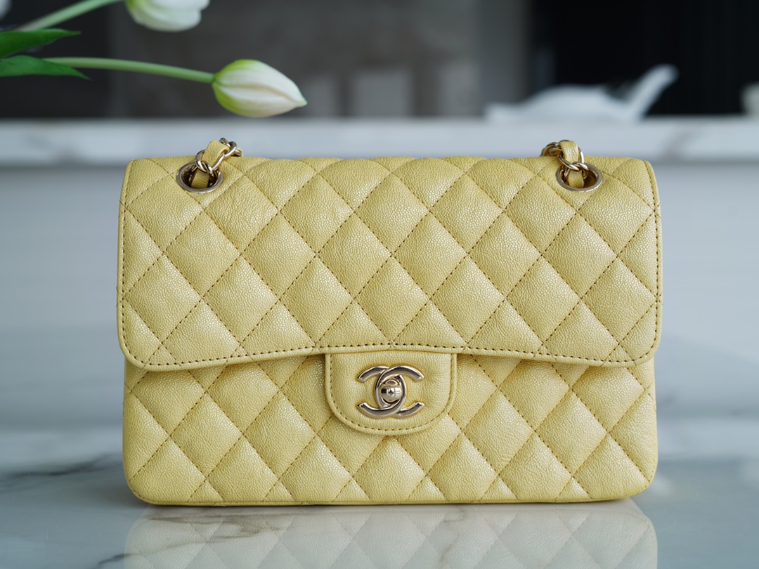 CF Classic Flap Washed Calfskin Small Pearl Yellow  