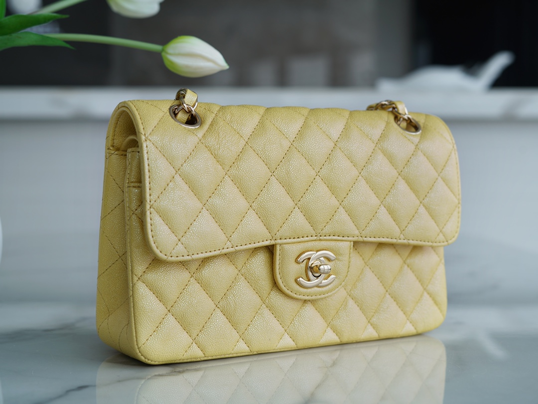 CF Classic Flap Washed Calfskin Small Pearl Yellow  