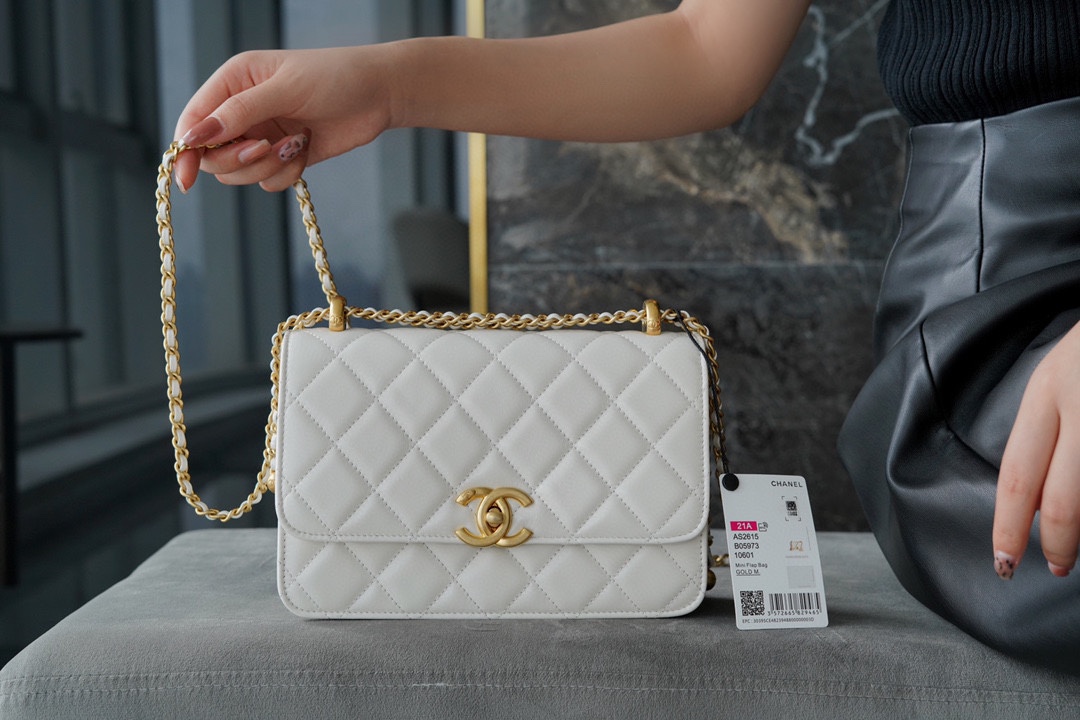 Chanel 2021 Mini 22cm White Glossy Calfskin  