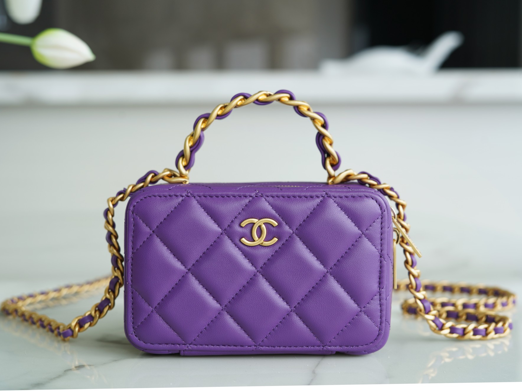 Chanel 22A Mini Chain Makeup Bag Purple Lambskin  