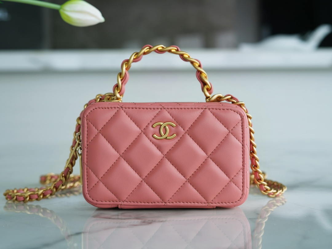 Chanel 22A Mini Chain Makeup Bag Pink Lambskin  