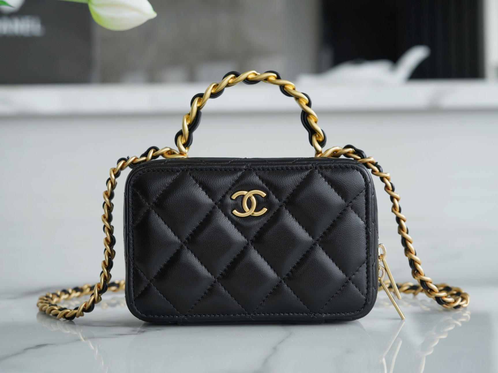 Chanel 22A Mini Chain Makeup Bag Black Lambskin  