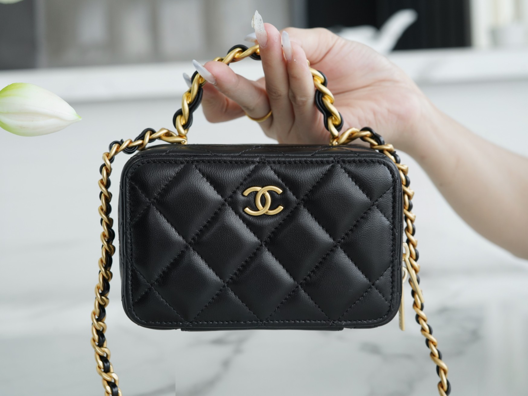 Chanel 22A Mini Chain Makeup Bag Black Lambskin  