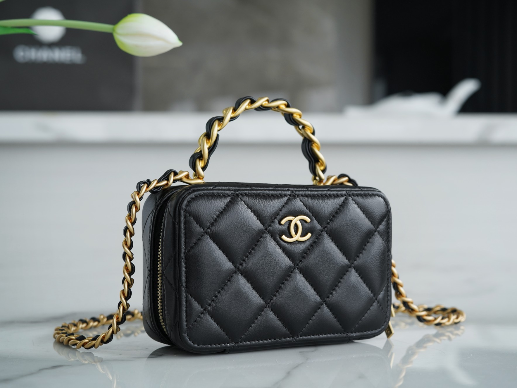 Chanel 22A Mini Chain Makeup Bag Black Lambskin  