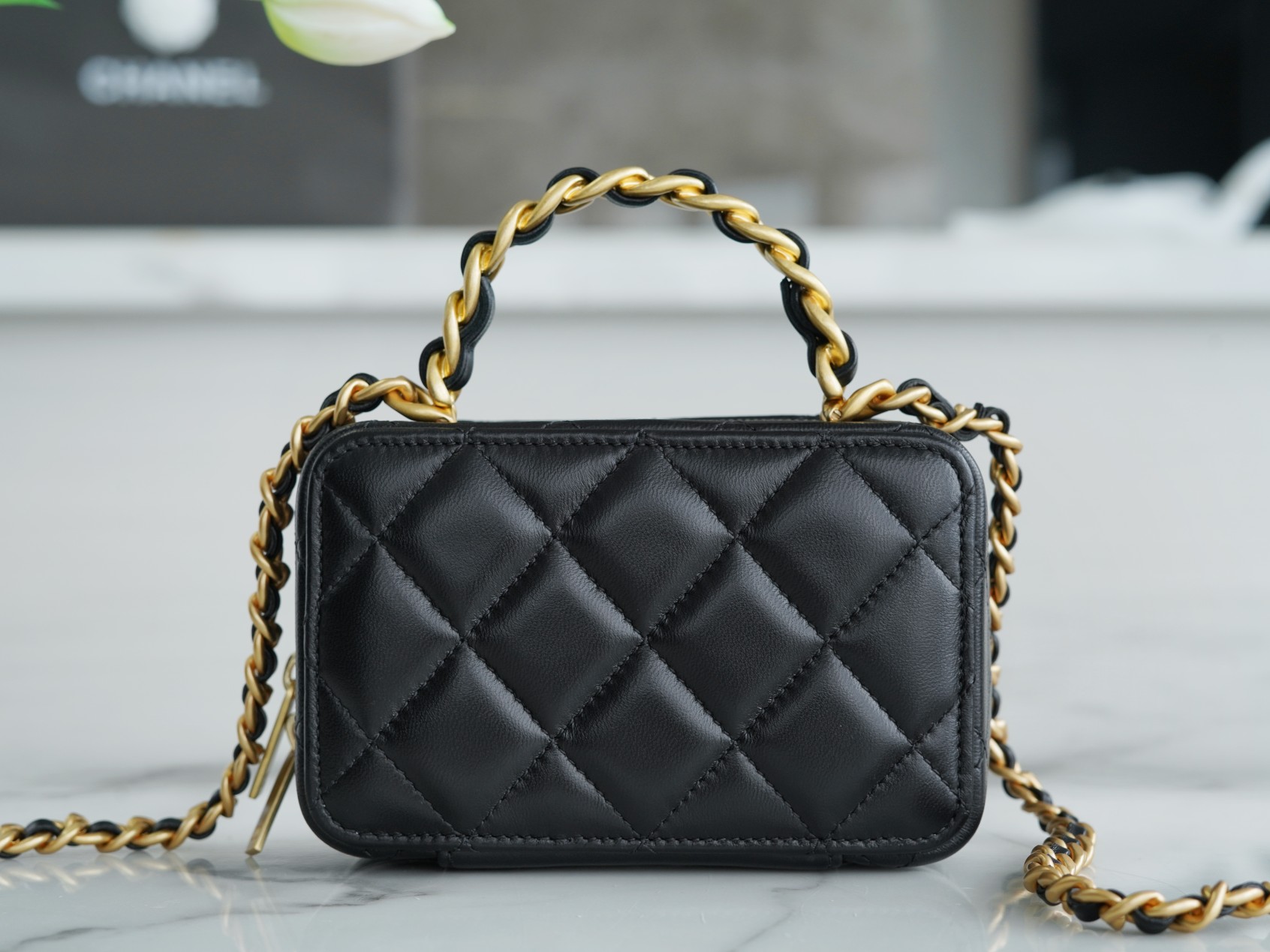 Chanel 22A Mini Chain Makeup Bag Black Lambskin  