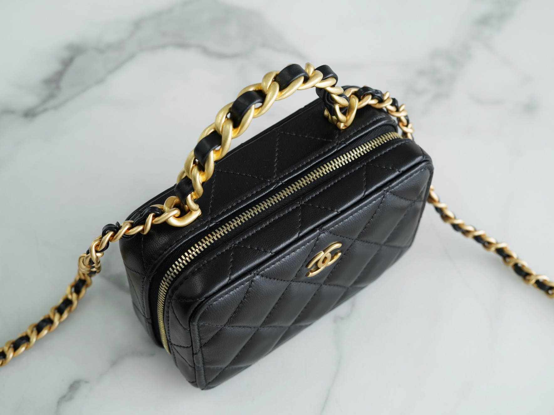 Chanel 22A Mini Chain Makeup Bag Black Lambskin  