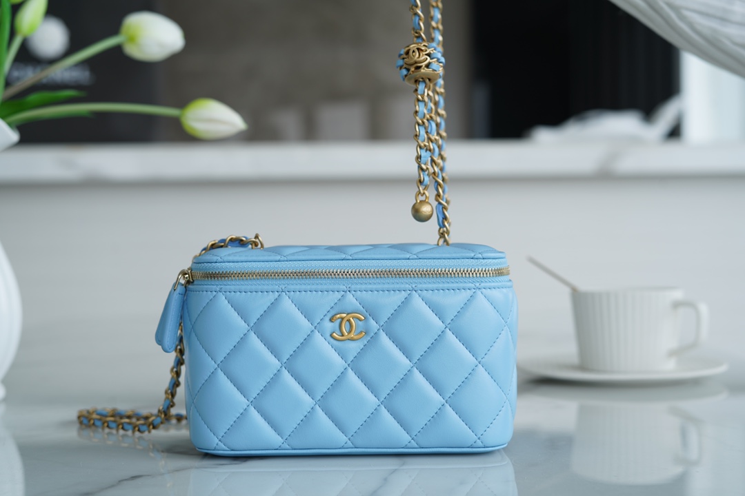 Chanel 22S Woven Gold Ball Long Box Sky Blue Lambskin  