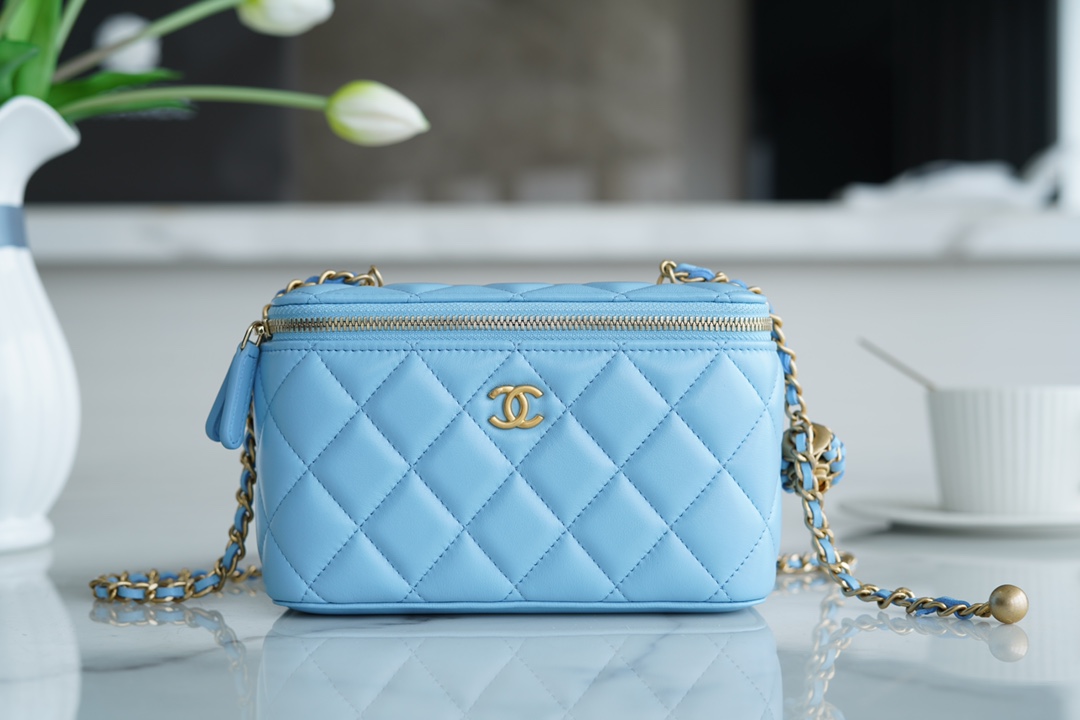 Chanel 22S Woven Gold Ball Long Box Sky Blue Lambskin  