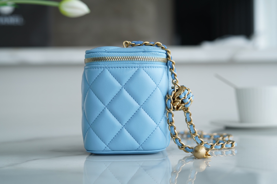 Chanel 22S Woven Gold Ball Long Box Sky Blue Lambskin  