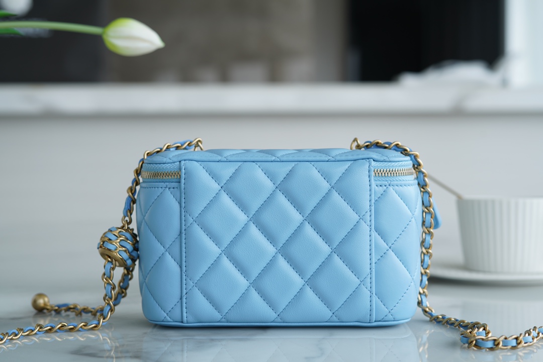 Chanel 22S Woven Gold Ball Long Box Sky Blue Lambskin  