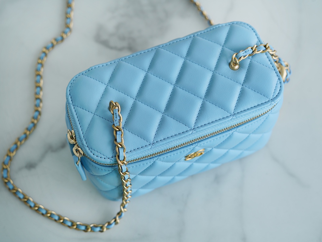 Chanel 22S Woven Gold Ball Long Box Sky Blue Lambskin  