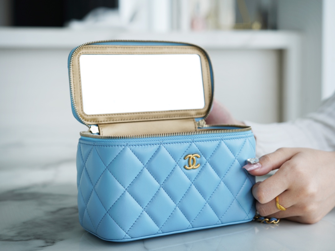 Chanel 22S Woven Gold Ball Long Box Sky Blue Lambskin  