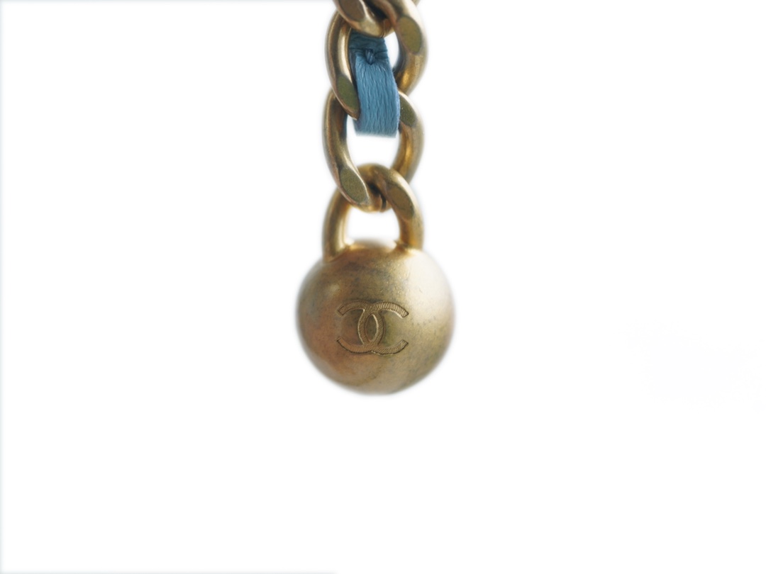 Chanel 22S Woven Gold Ball Long Box Sky Blue Lambskin  