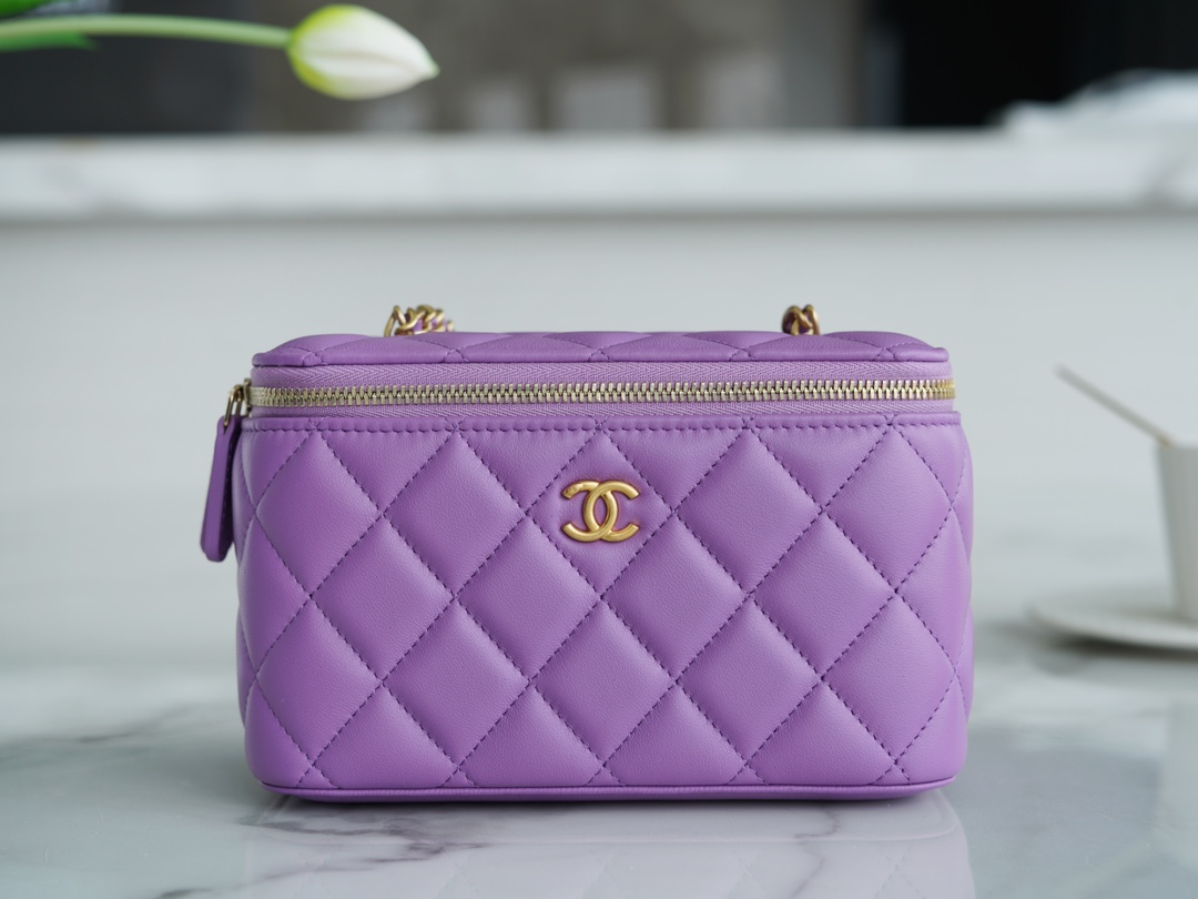 Chanel 22S Woven Gold Ball Long Box Purple Lambskin  