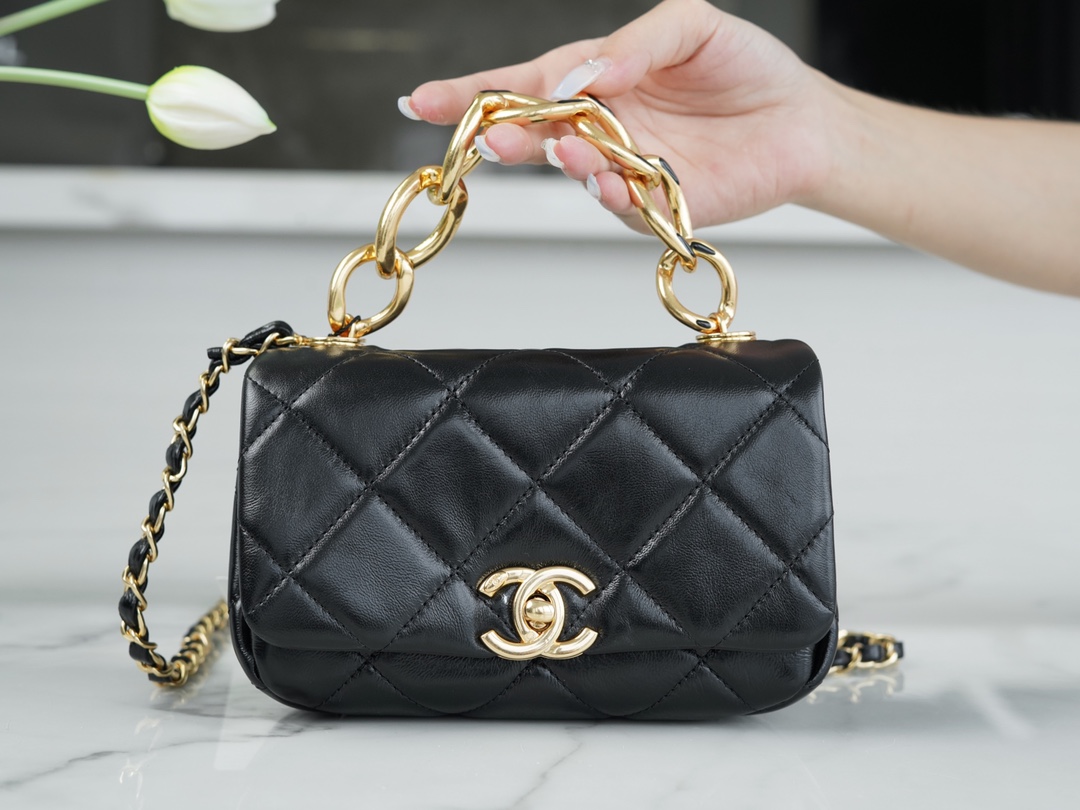 Chanel 22A Chunky Chain Flap Bag Mini Classic Black Lambskin  