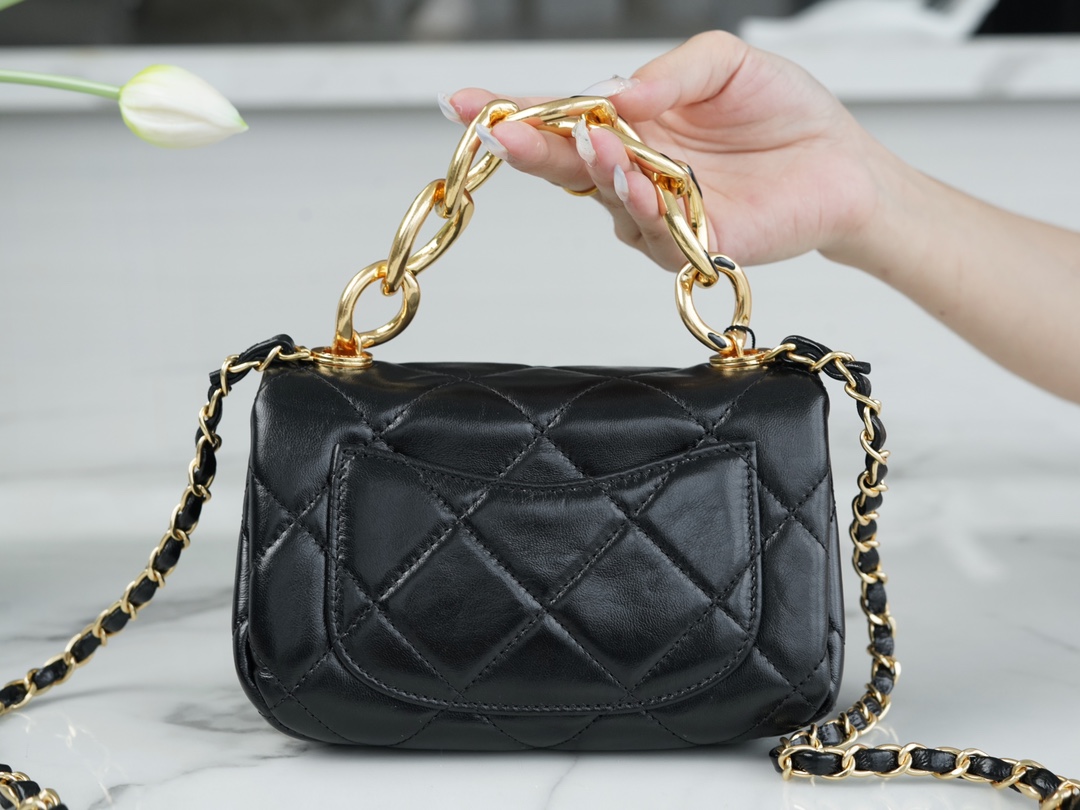 Chanel 22A Chunky Chain Flap Bag Mini Classic Black Lambskin  