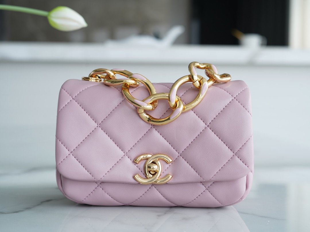 Chanel 22A Chunky Chain Flap Bag Mini Pink Lambskin  