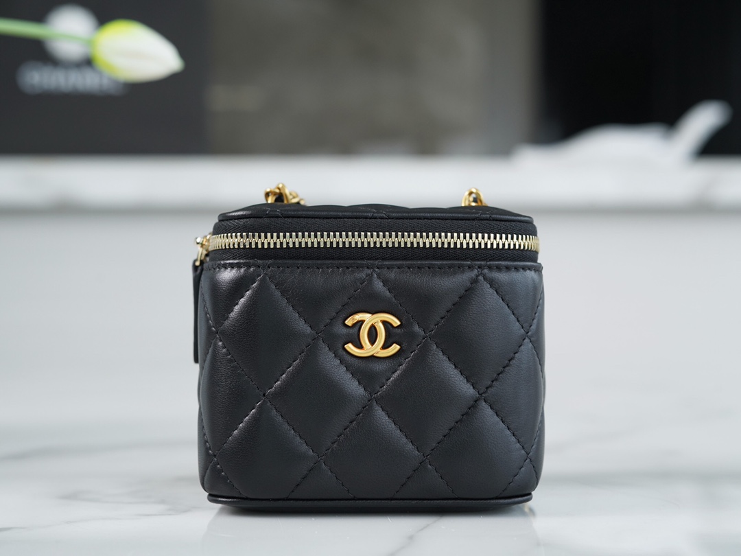 Chanel 22S Woven Gold Ball Box Bag Black Lambskin  