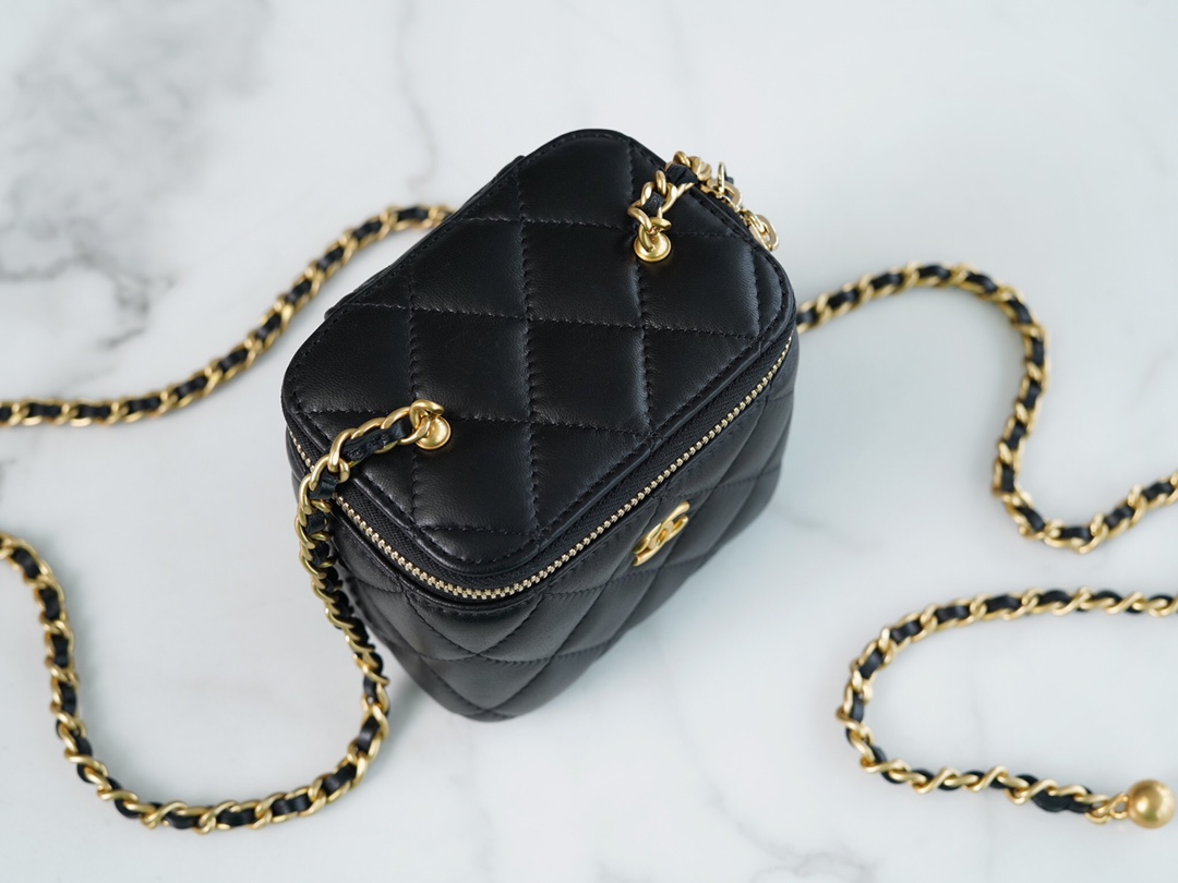 Chanel 22S Woven Gold Ball Box Bag Black Lambskin  