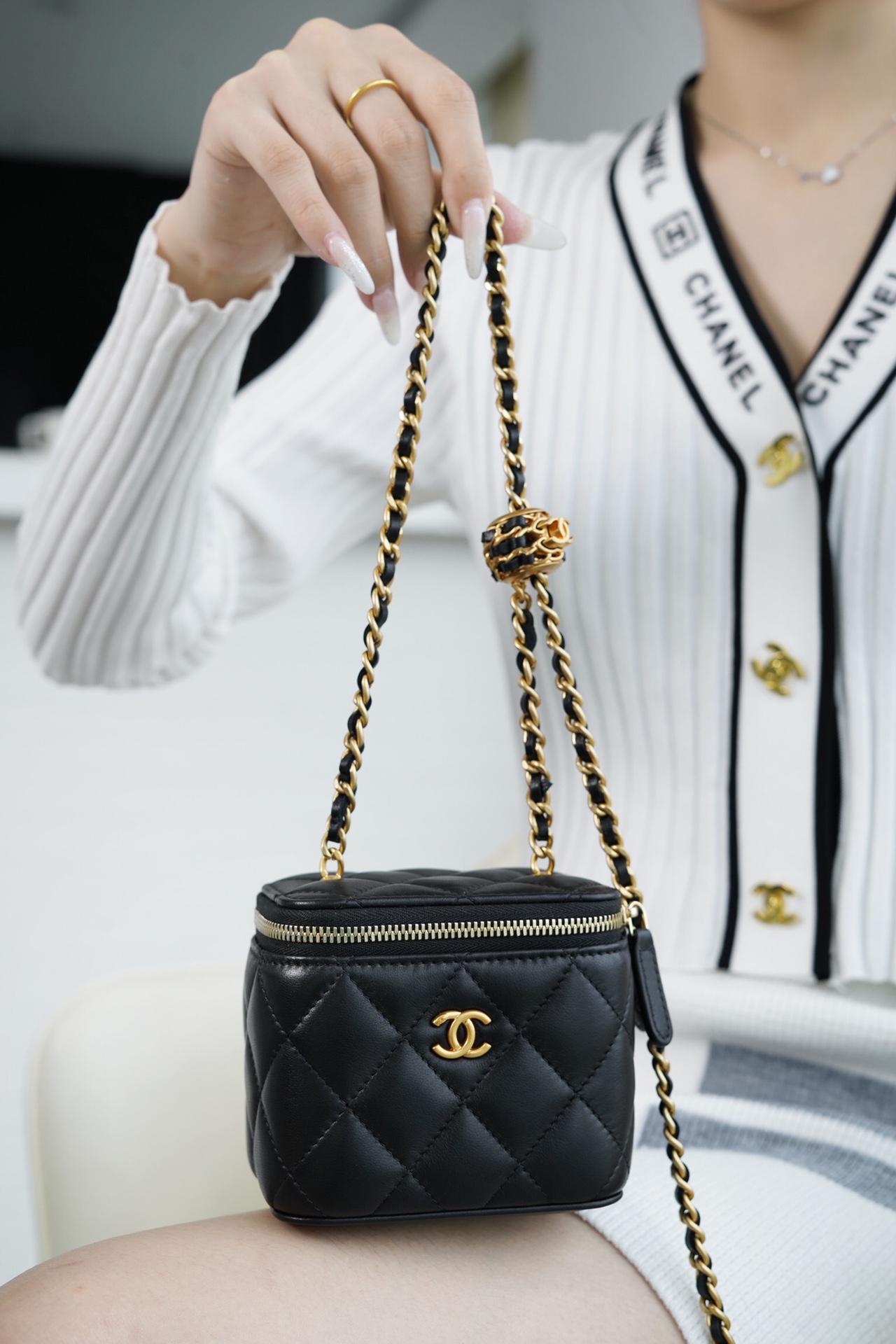 Chanel 22S Woven Gold Ball Box Bag Black Lambskin  