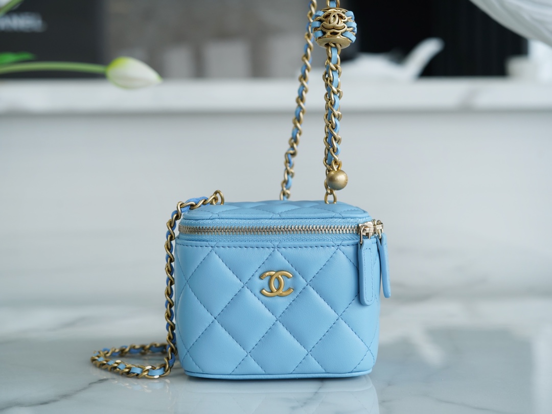 Chanel 22S Woven Gold Ball Box Bag Sky Blue Lambskin  