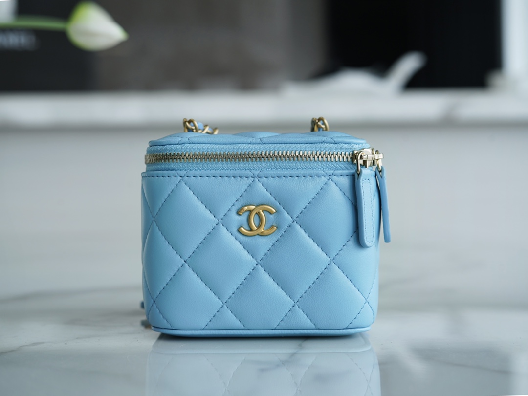 Chanel 22S Woven Gold Ball Box Bag Sky Blue Lambskin  