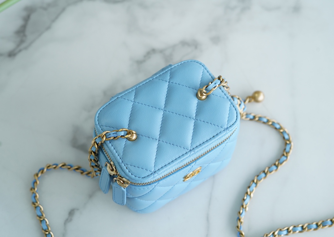 Chanel 22S Woven Gold Ball Box Bag Sky Blue Lambskin  